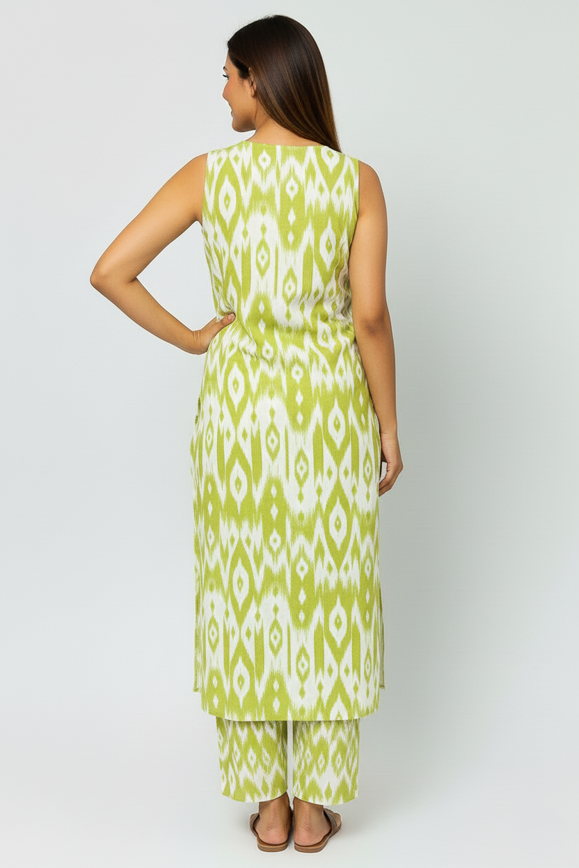 Women’s Ikat Print Pure Cotton Kurta Set with Versatile Sleeve Options in Lime Green / Deep Indigo