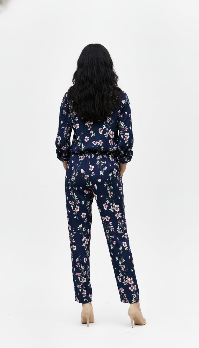 Women’s Navy Floral Bubble Crepe Co-ord Set with Adjustable Tie-Neck