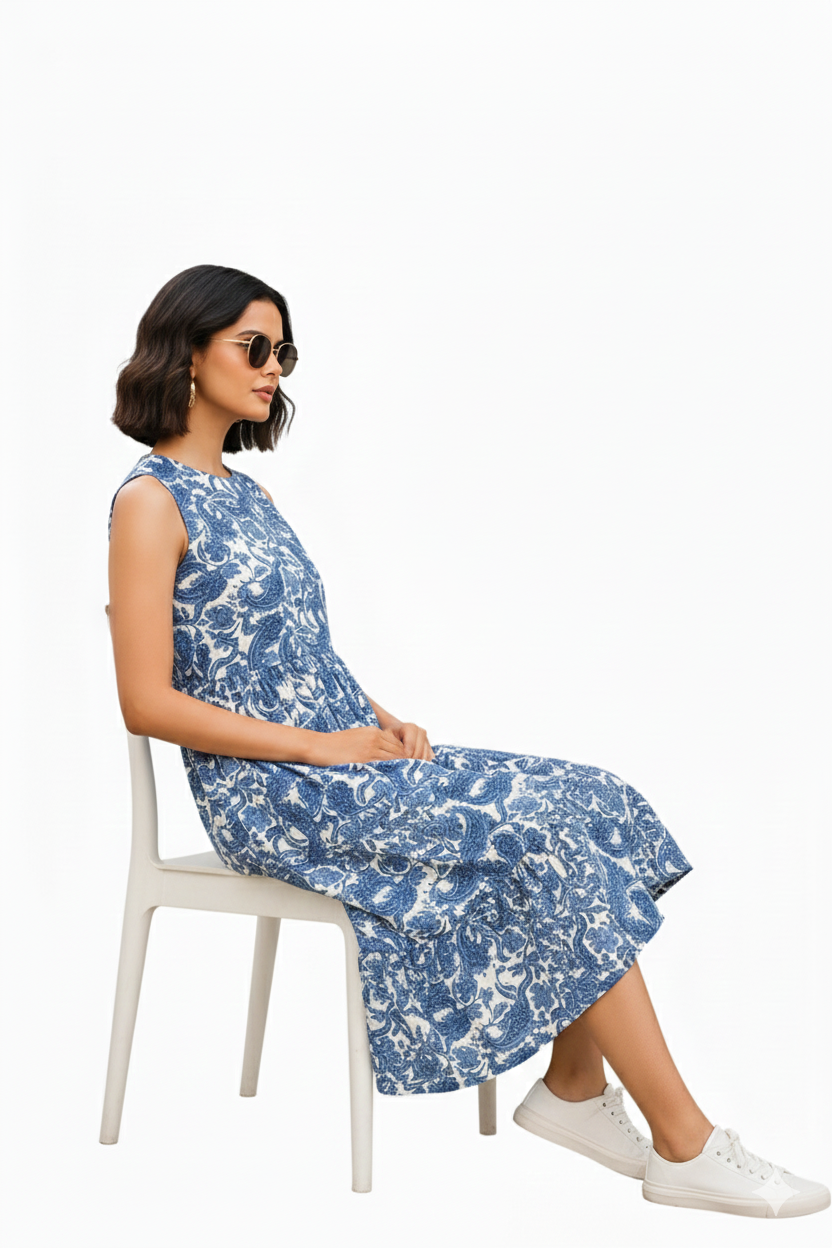 Indigo Paisley Rayon Tiered Midi Dress with Convertible Sleeves - Image 3