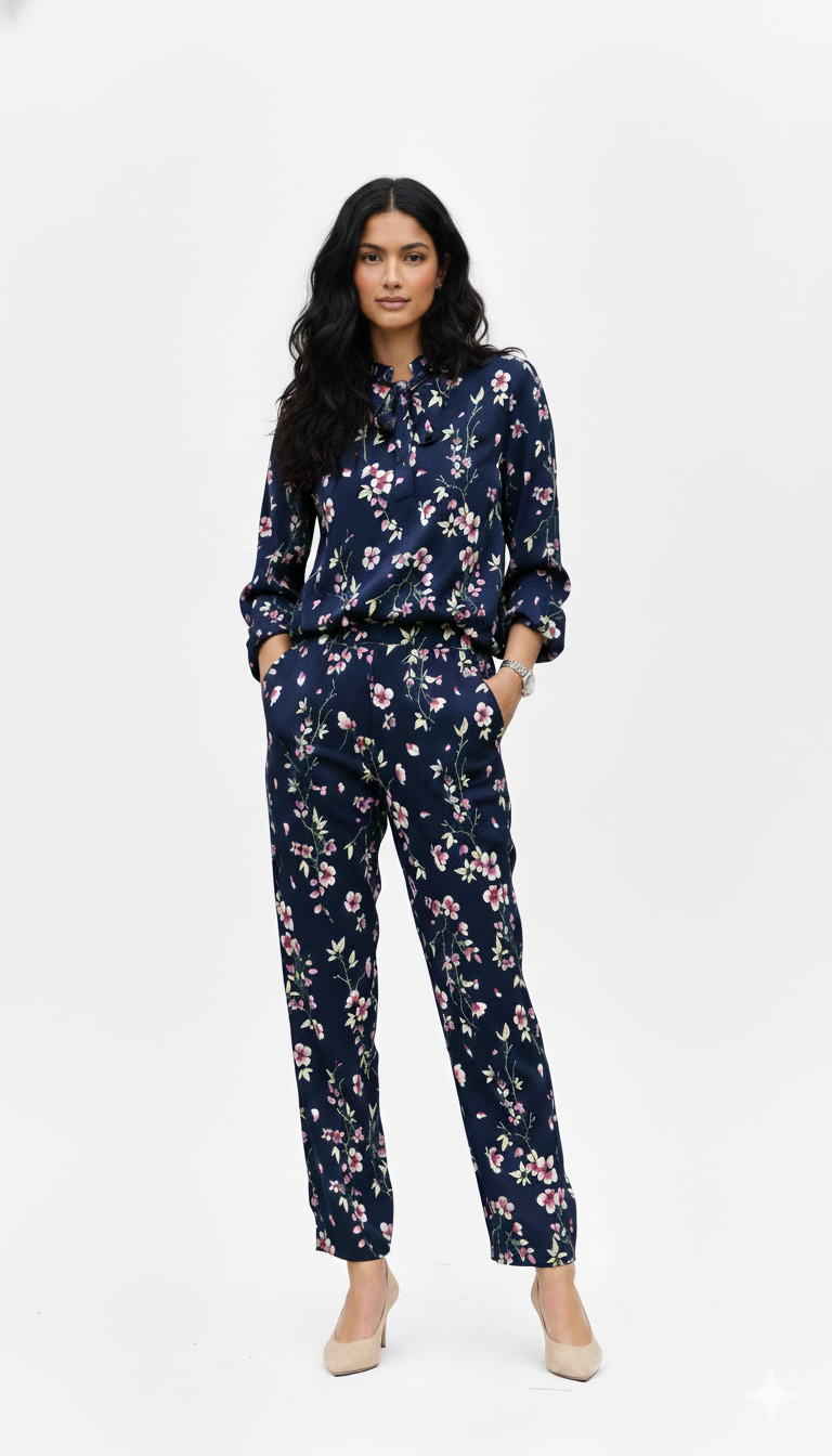 Women’s Navy Floral Bubble Crepe Co-ord Set with Adjustable Tie-Neck