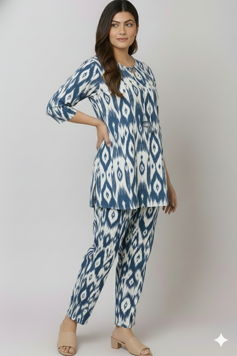 Teal Blue & White Ikat Print Cotton Co-ord Set