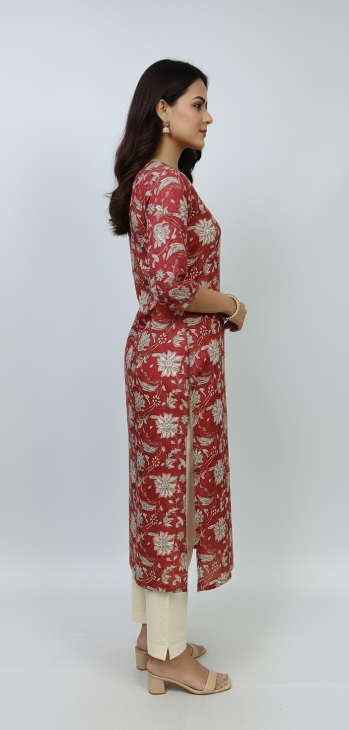 Flowy Rayon/Cotton Floral Kurta with Signature Neck Pleat