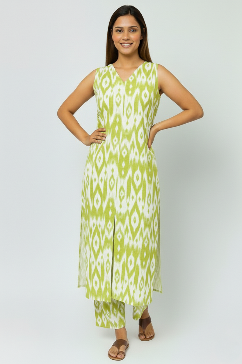 Women’s Ikat Print Pure Cotton Kurta Set with Versatile Sleeve Options in Lime Green / Deep Indigo