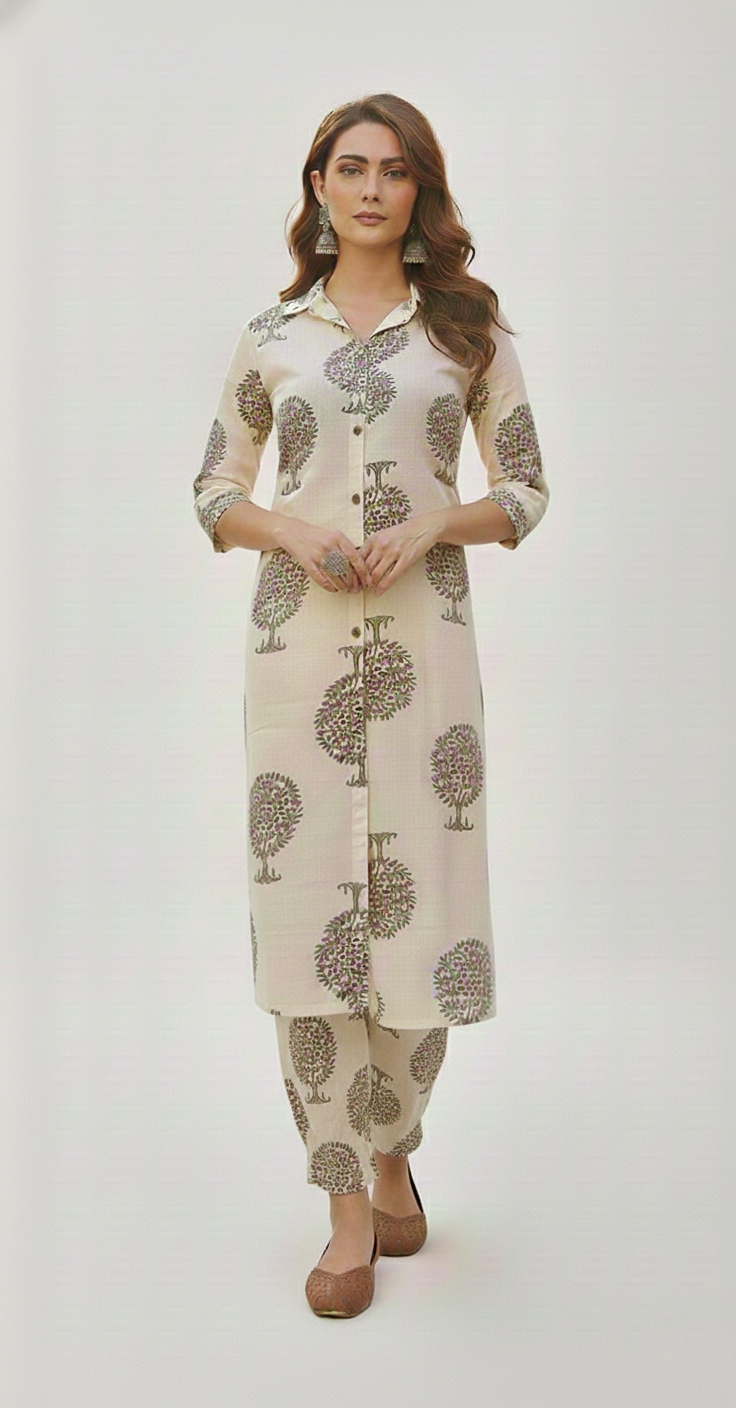 Ivory Tree-Print Rayon Afghani-Style Co-ord Set