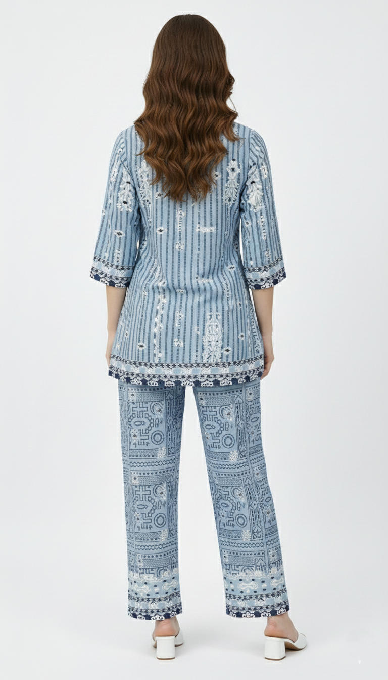 Women’s Mandarin Collar with Powder Blue Printed Rayon Moss Co-ord  Set