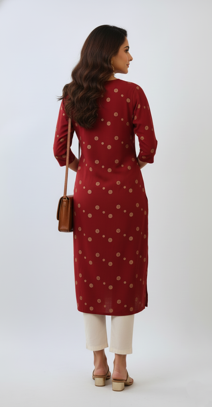 Maroon color with gold-toned circular geometrical print kurti