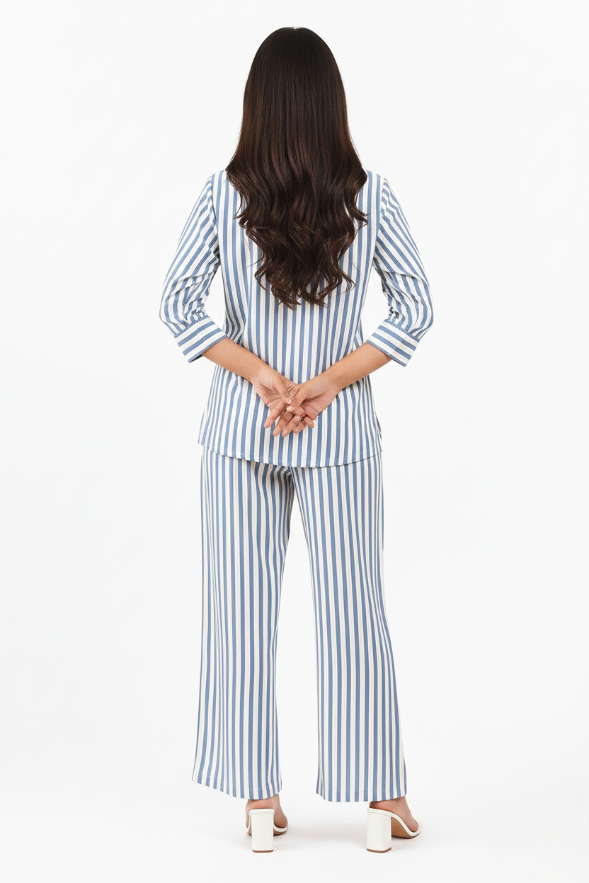 Vertical White and Blue Striped Rayon Co-ord Set 