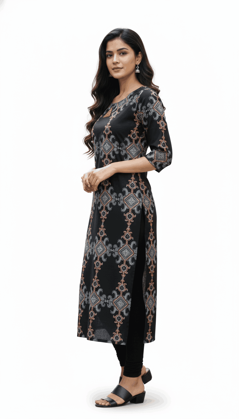 Women's Cotton Printed Kurti Combines The Elegance Of A Piped Neckline With A Creative Triangle Design