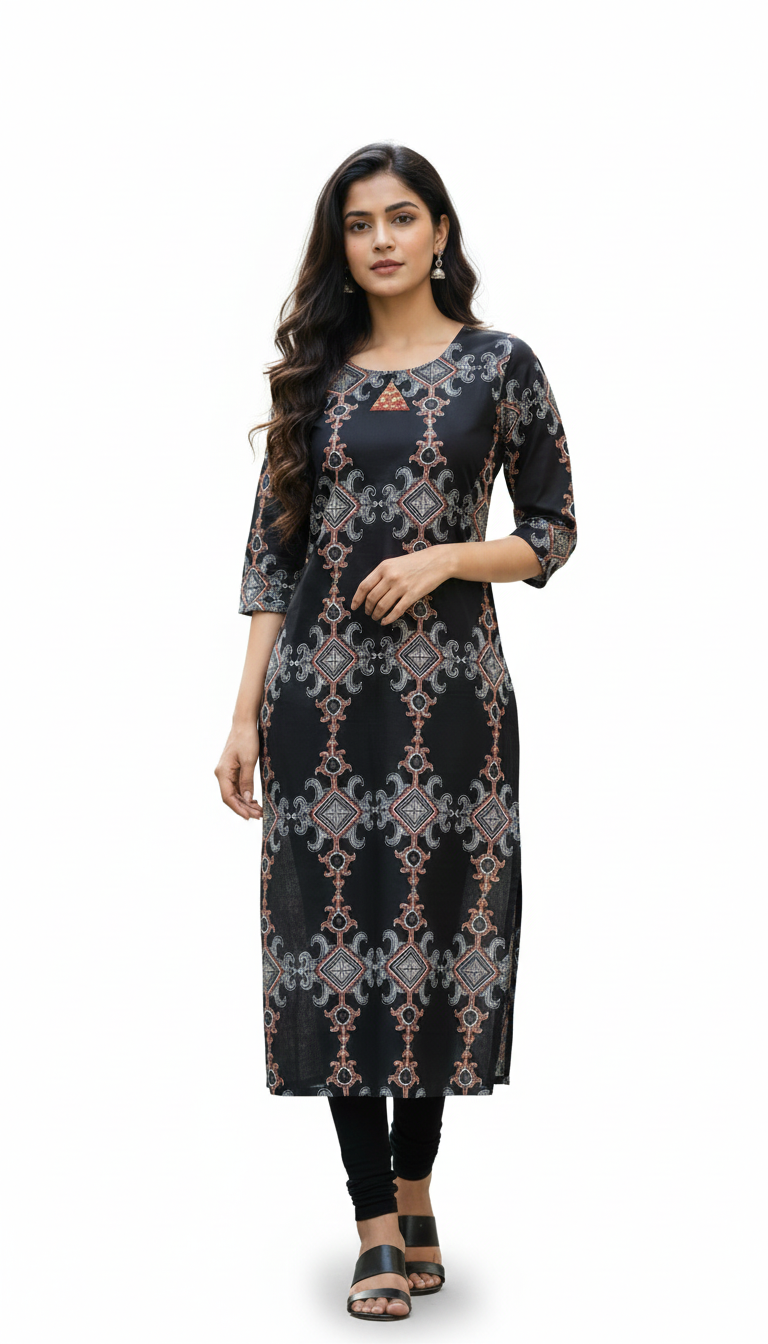 Women's Cotton Printed Kurti Combines The Elegance Of A Piped Neckline With A Creative Triangle Design