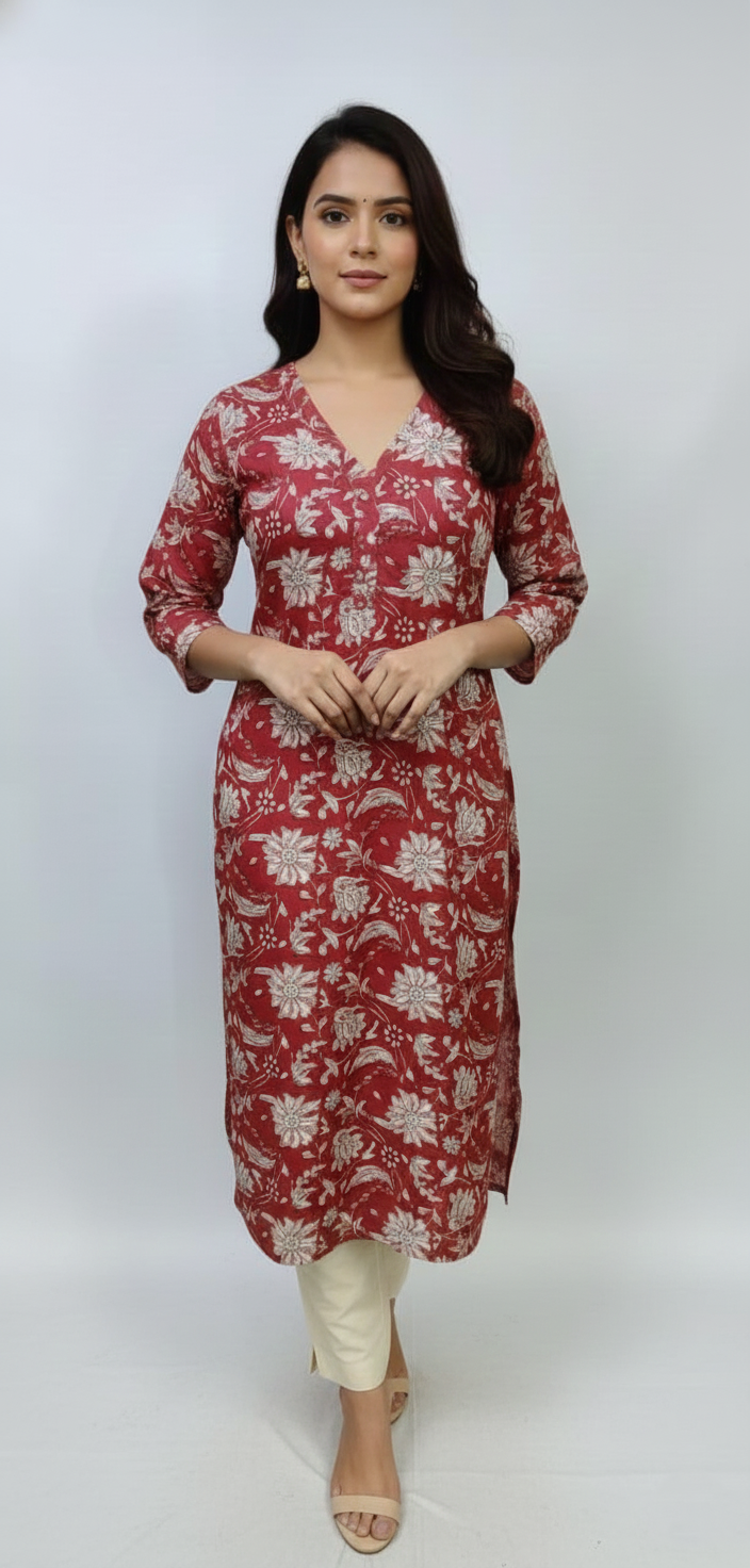 Flowy Rayon/Cotton Floral Kurta with Signature Neck Pleat