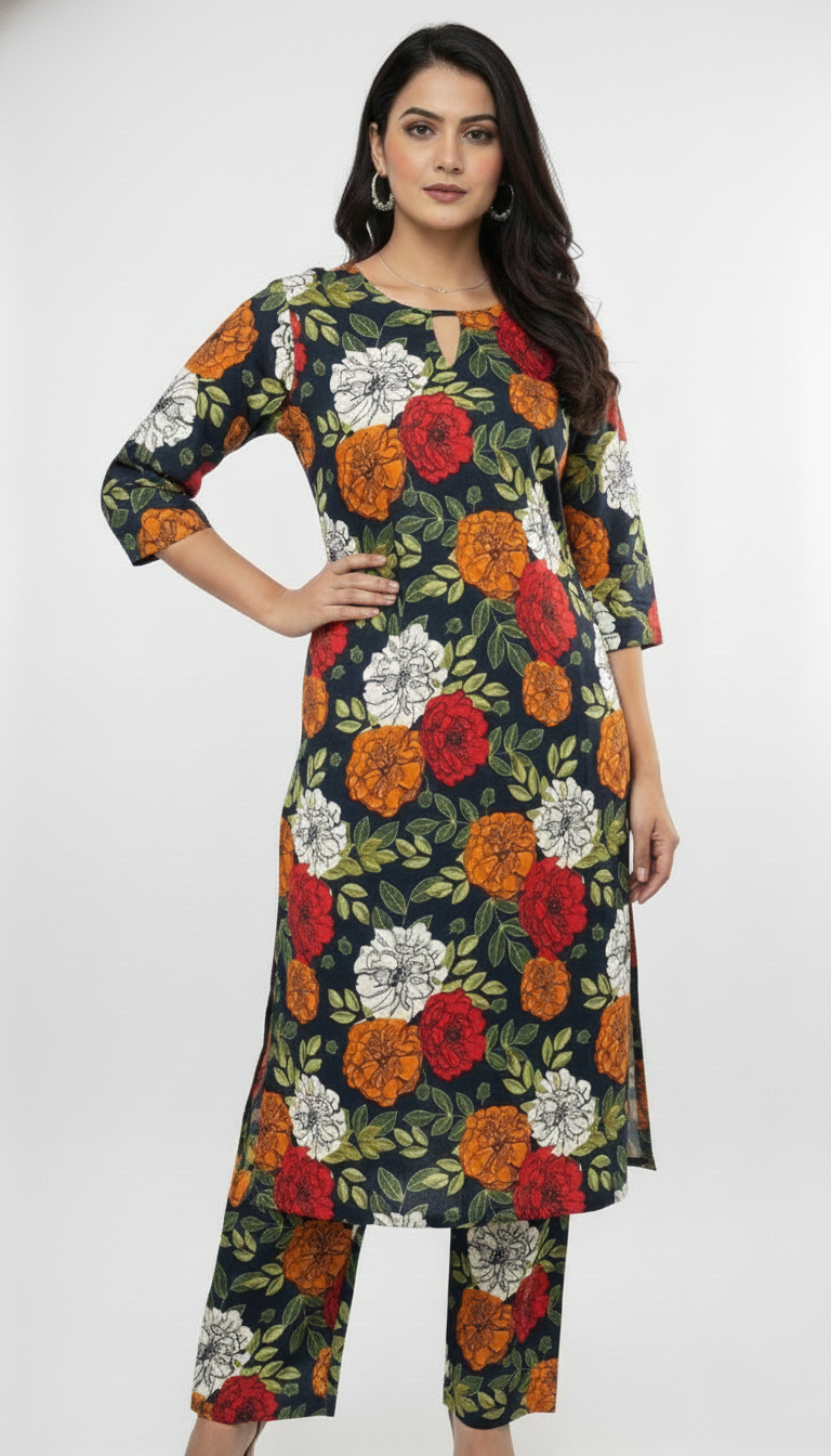Vibrant Multi-Color Rose Print Cotton Kurta & Trouser Set