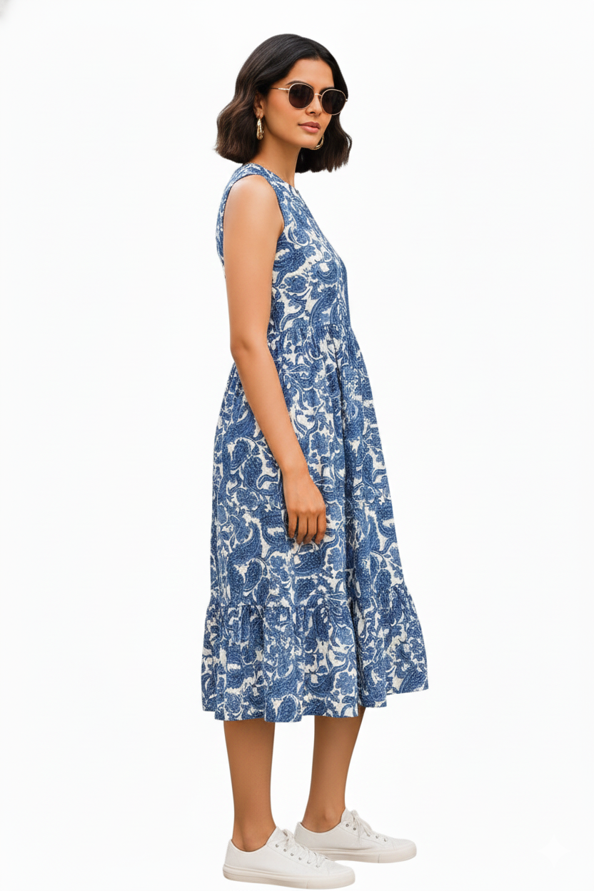 Indigo Paisley Rayon Tiered Midi Dress with Convertible Sleeves - Image 4