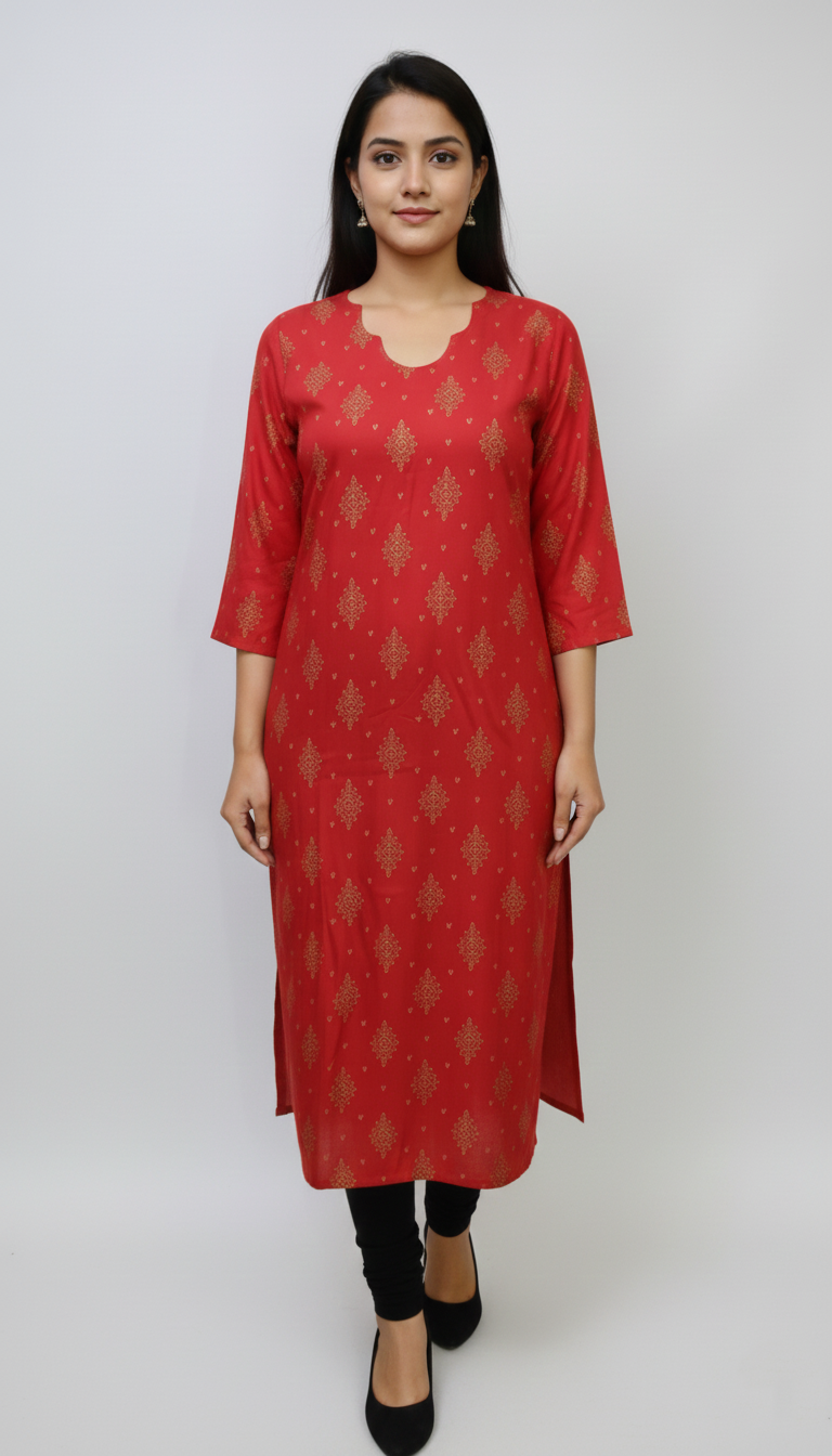 The Tri-Curve Crimson Red Rayon Kurti