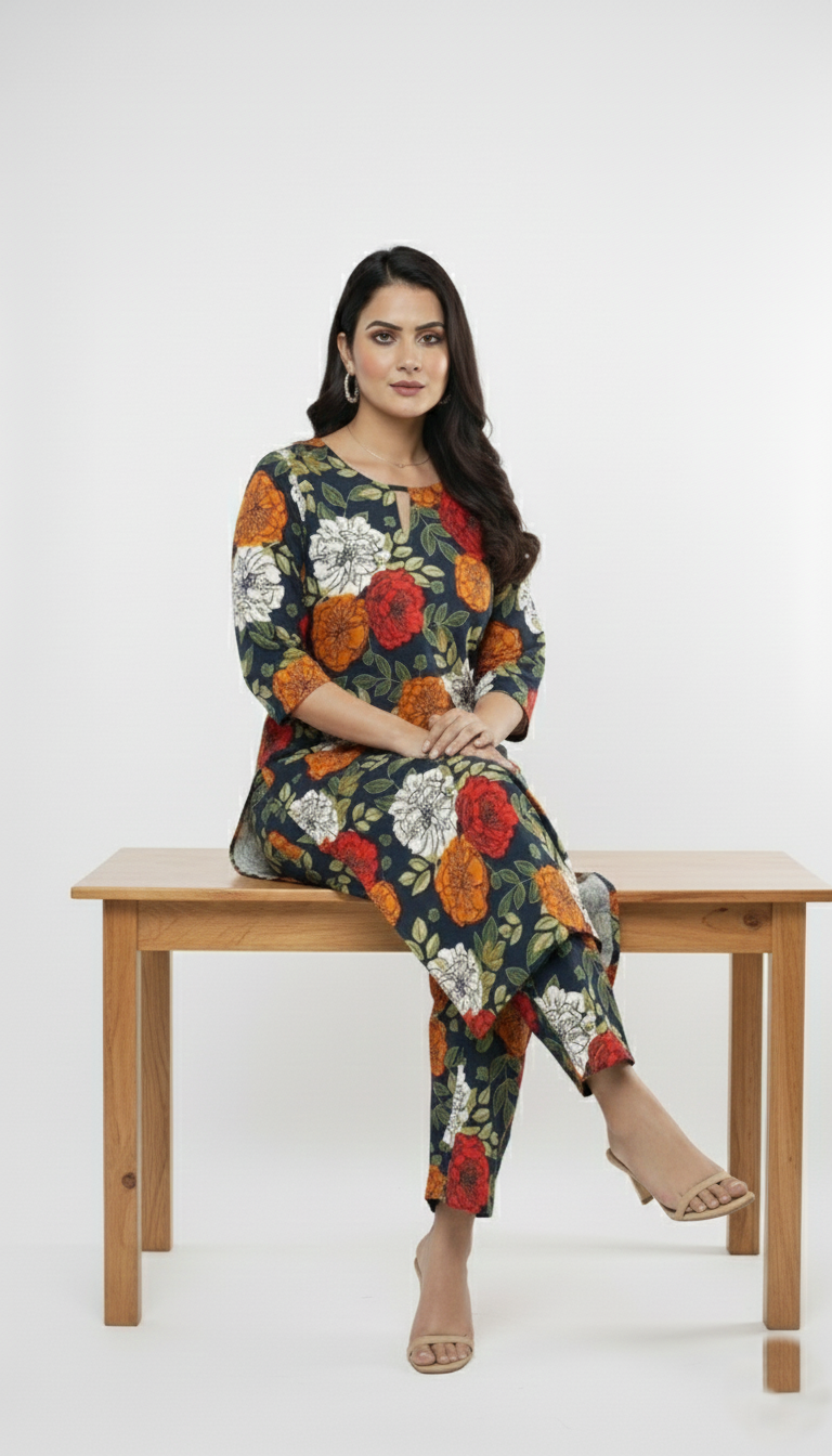 Vibrant Multi-Color Rose Print Cotton Kurta & Trouser Set