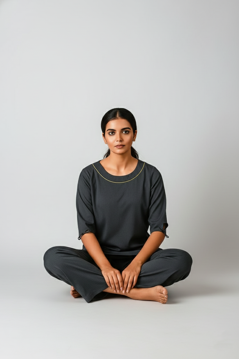 Contemporary Charcoal Cotton Co-ord Set with Contrast Yellow Accents