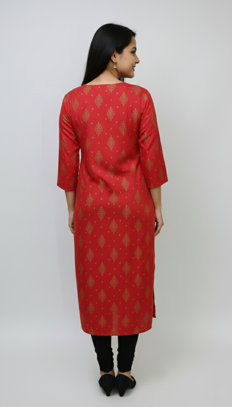 The Tri-Curve Crimson Red Rayon Kurti