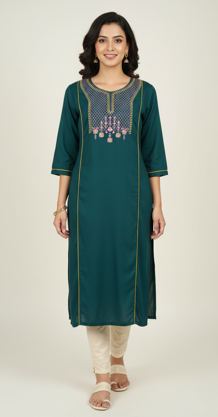 Teal Embroidered Princess Line Kurti
