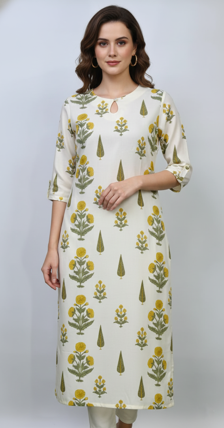 Premium Rayon Floral Kurti – Designer Sleeves – Off-White & Teal/Yellow