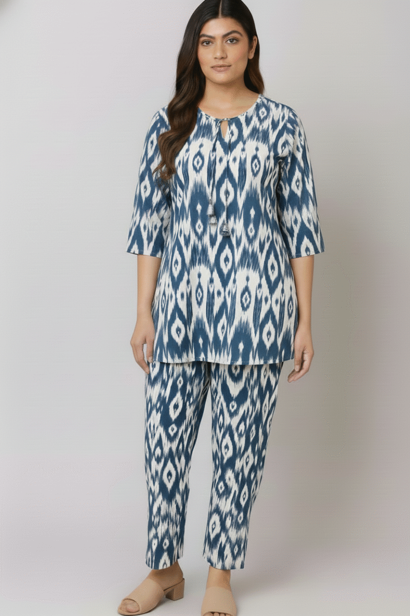 Teal Blue & White Ikat Print Cotton Co-ord Set
