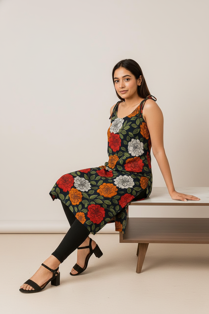Women's tie-up shoulder straps and floral print kurti