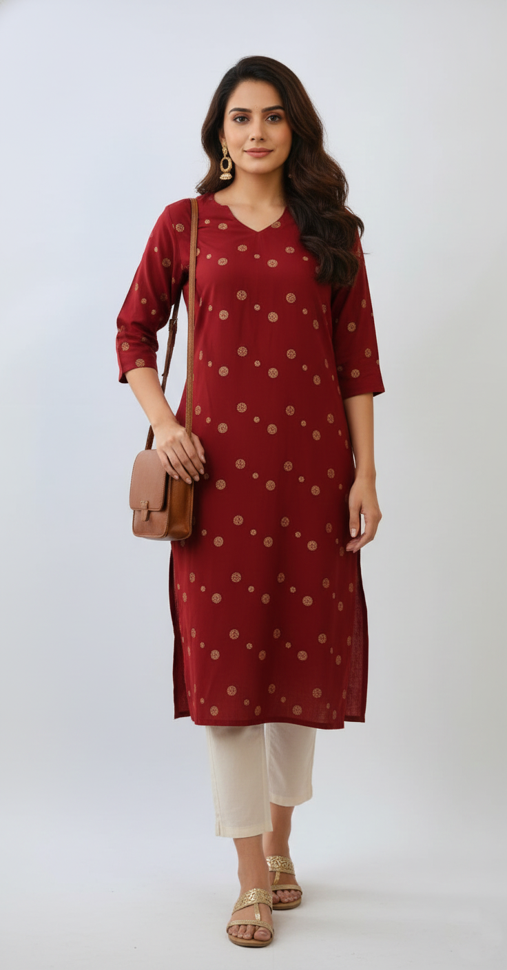 Maroon color with gold-toned circular geometrical print kurti