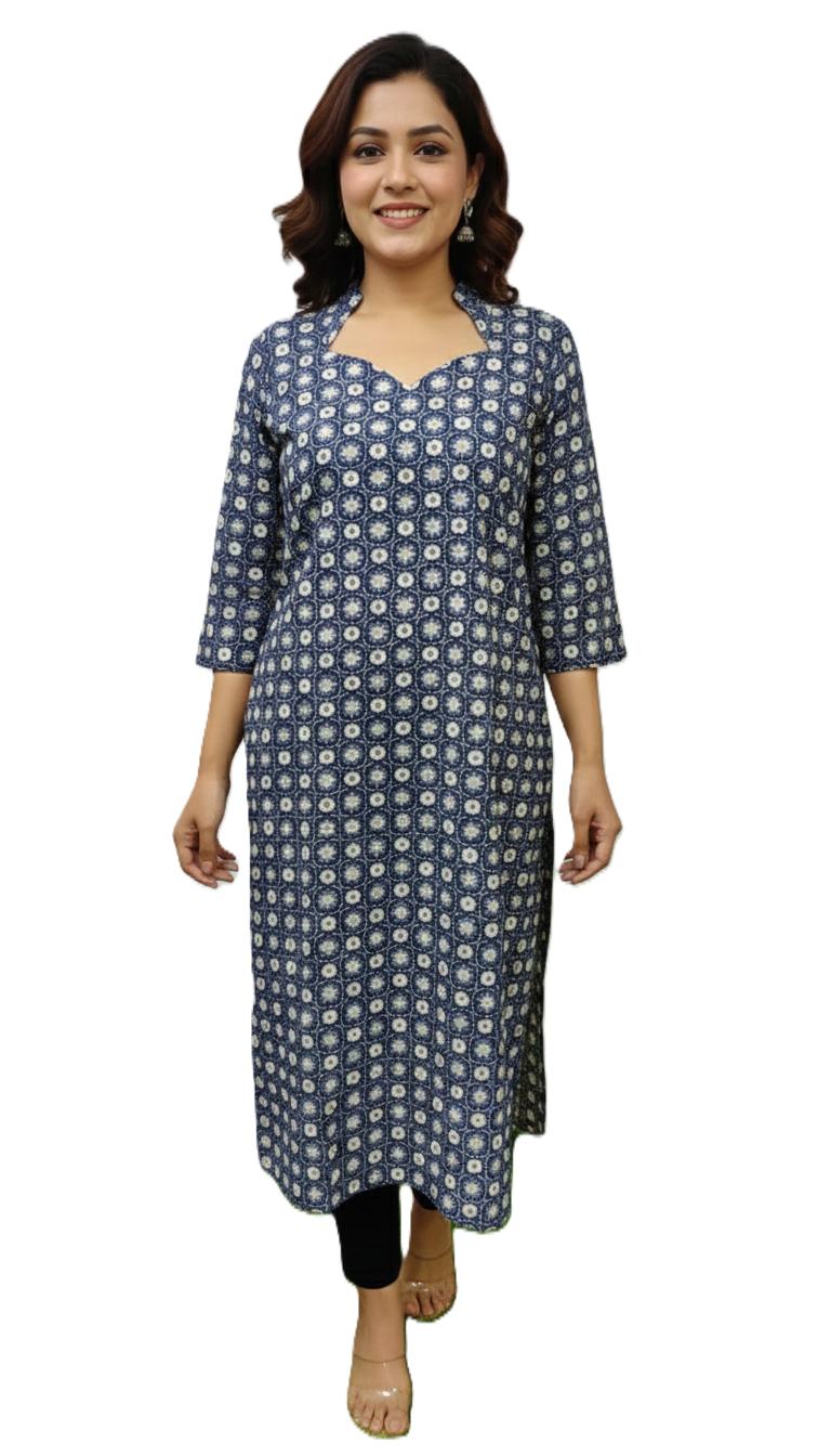 Midnight Navy Sweetheart Neck Cotton Ethnic Kurta