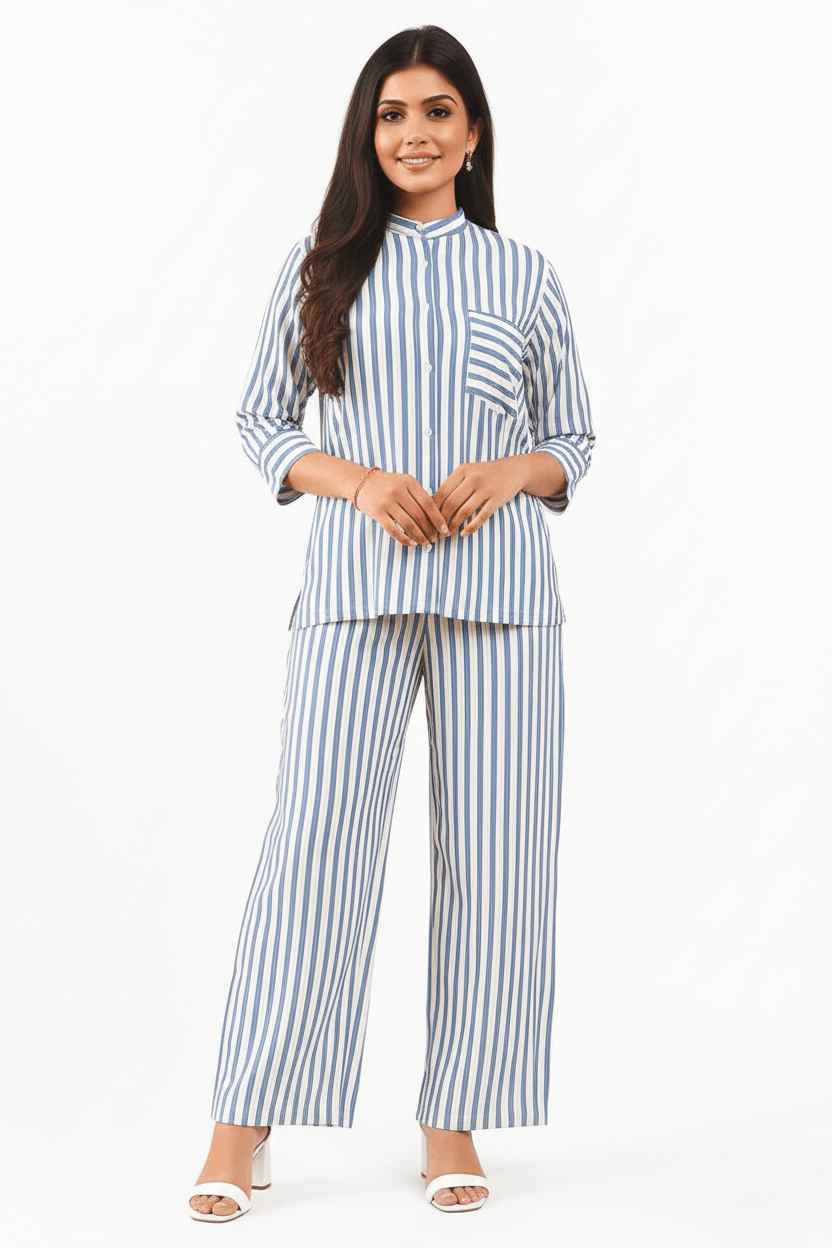 Vertical White and Blue Striped Rayon Co-ord Set 