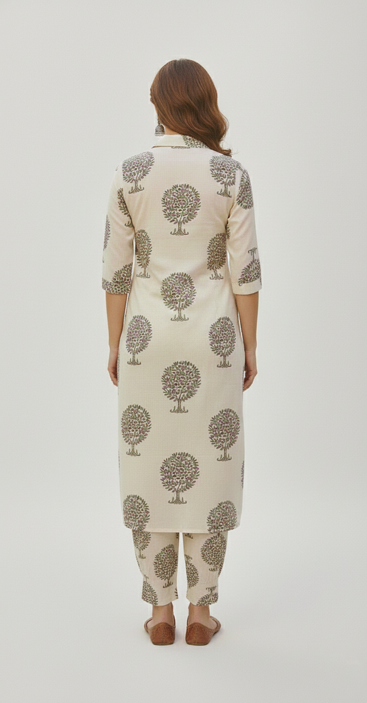 Ivory Tree-Print Rayon Afghani-Style Co-ord Set