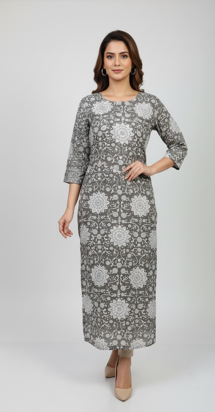 Women's Arctic Ash Floral Cotton Kurta With Intricate Mandala Prints