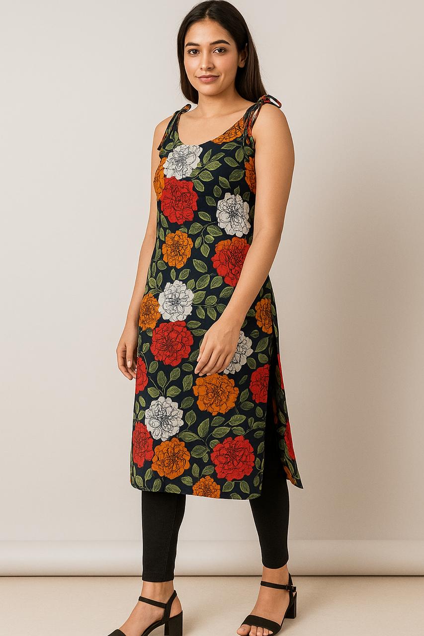 Women's tie-up shoulder straps and floral print kurti
