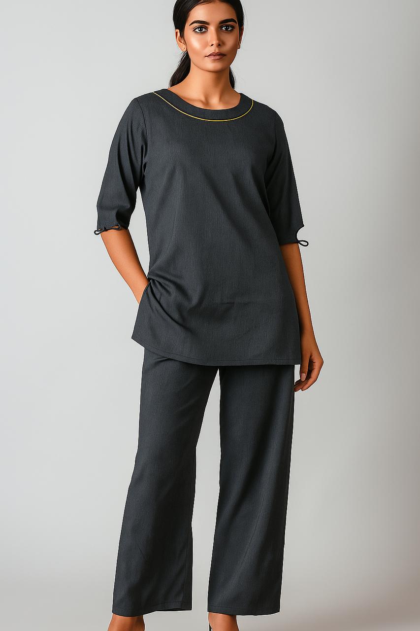 Contemporary Charcoal Cotton Co-ord Set with Contrast Yellow Accents