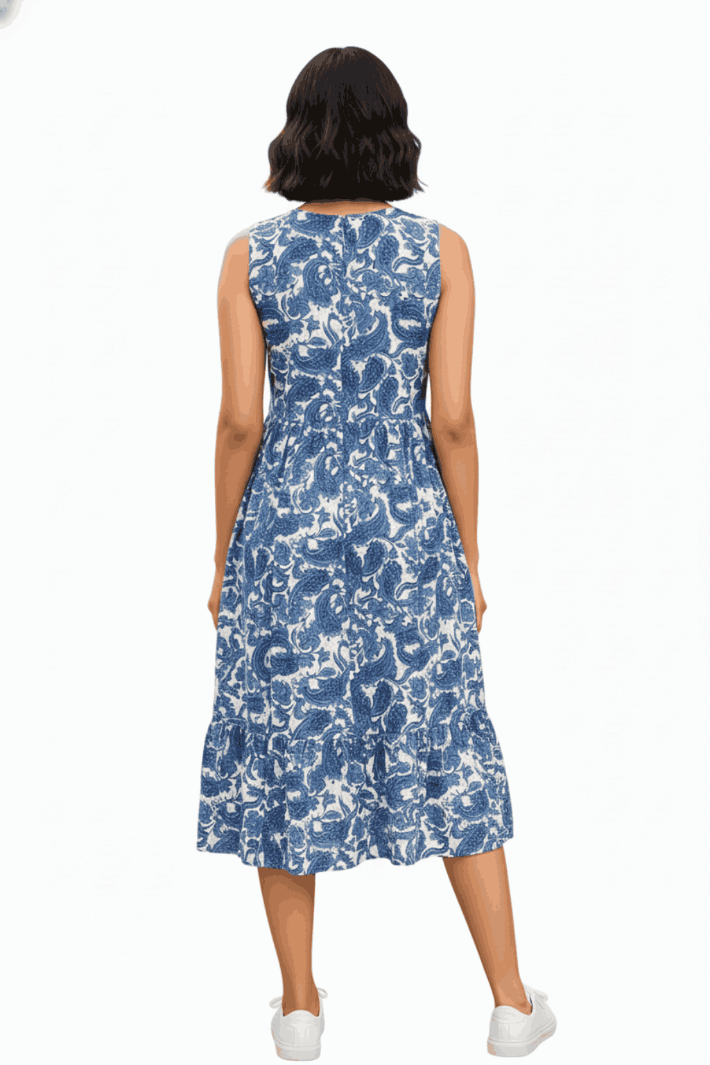 Indigo Paisley Rayon Tiered Midi Dress with Convertible Sleeves