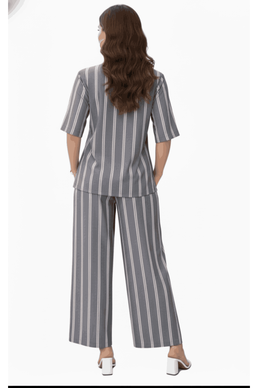 Women’s Grey and White Striped Rayon Yarn-Dyed Co-ord Set