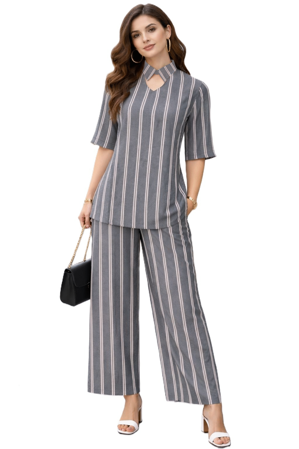 Women’s Grey and White Striped Rayon Yarn-Dyed Co-ord Set