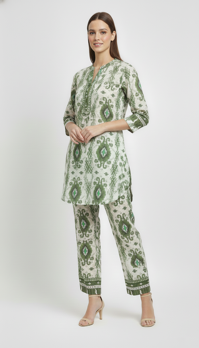 Sage Green Ikat-Print Cotton Co-ord Set