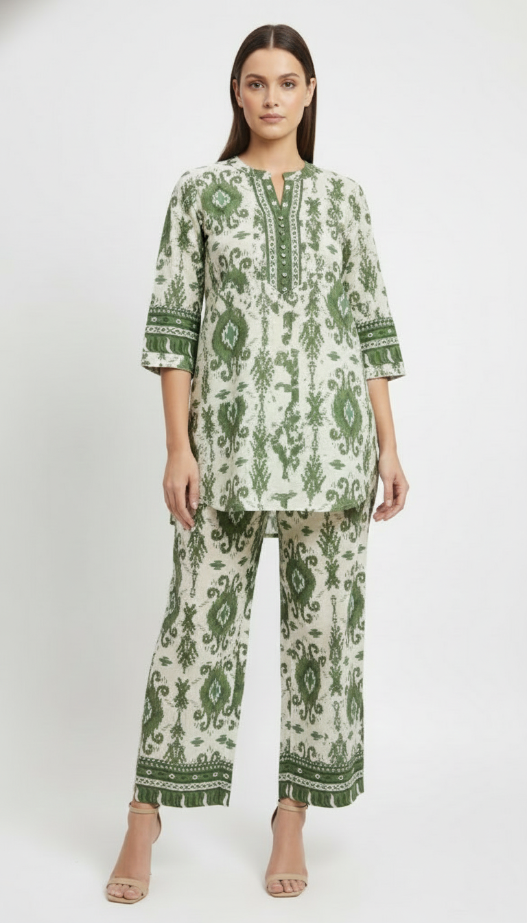 Sage Green Ikat-Print Cotton Co-ord Set