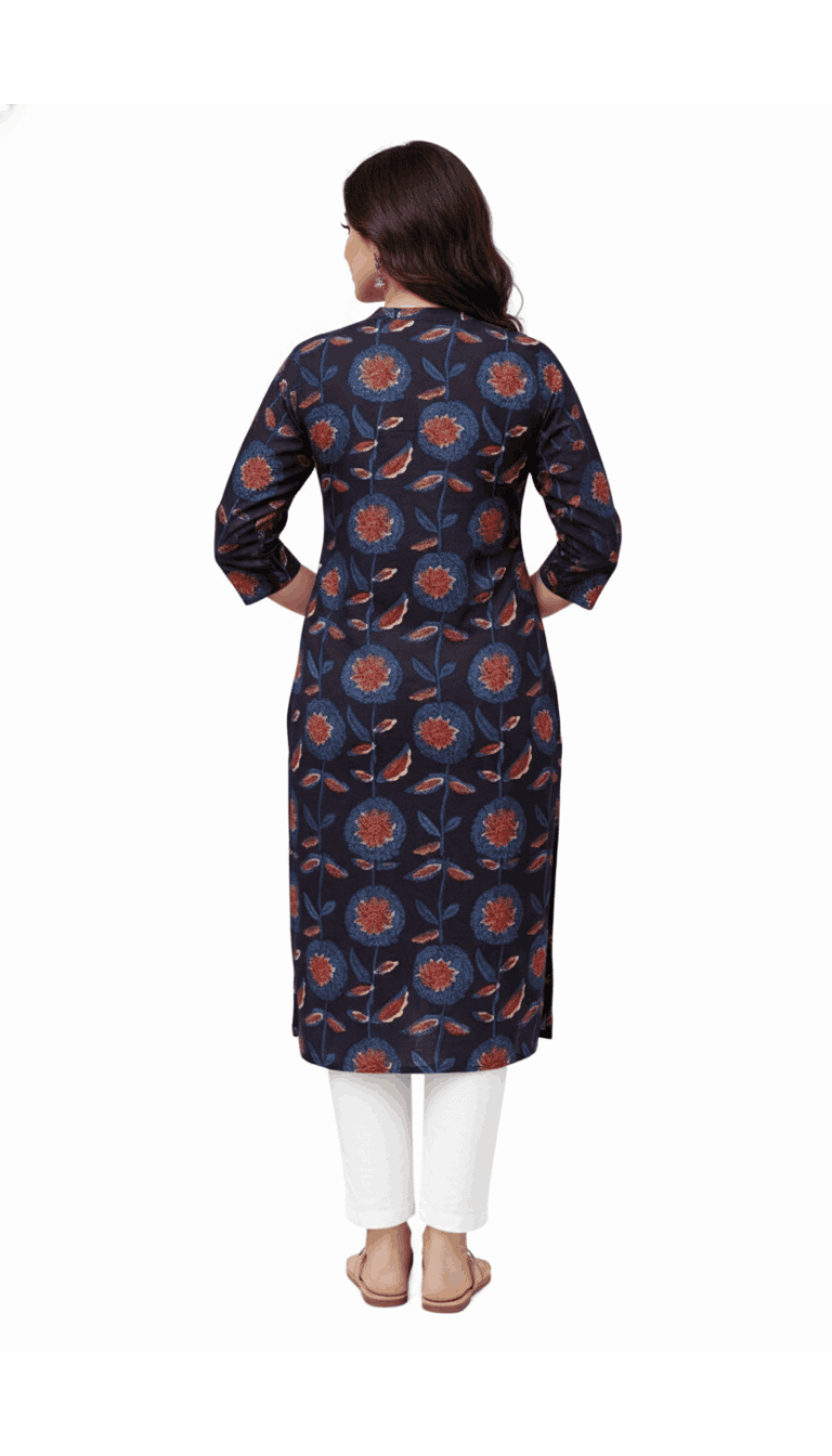 Elegant Black Floral Cotton Kurti with Pom-Pom Accents
