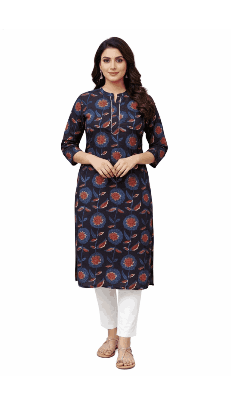Elegant Black Floral Cotton Kurti with Pom-Pom Accents