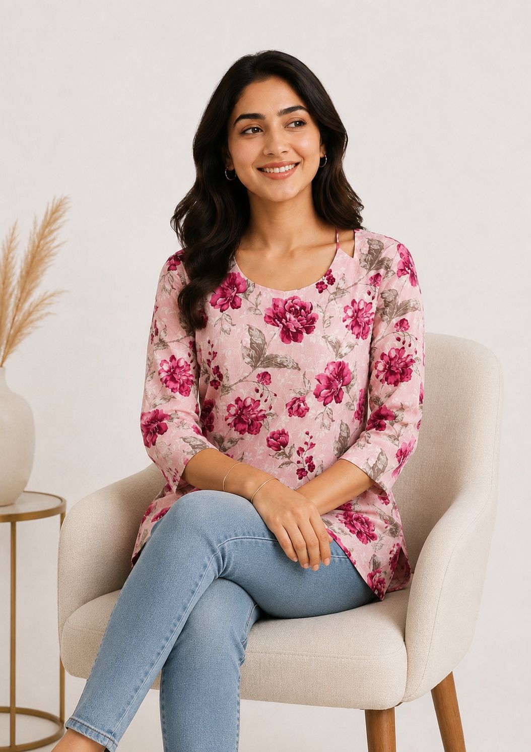 Pink Floral Rayon Halter-Neck Short Kurti - Image 4