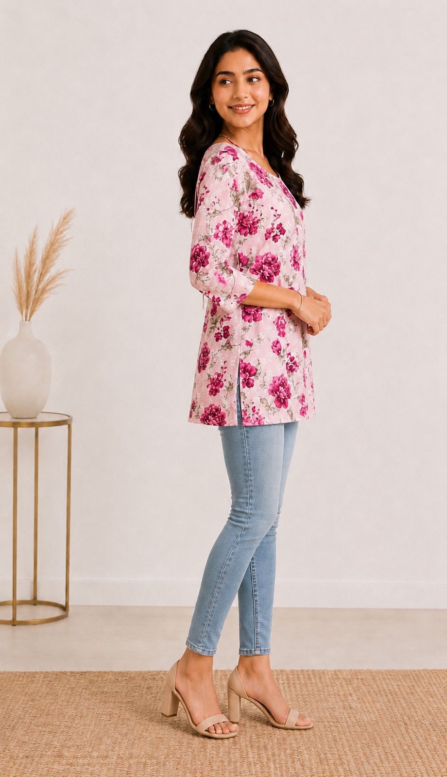 Pink Floral Rayon Halter-Neck Short Kurti - Image 3
