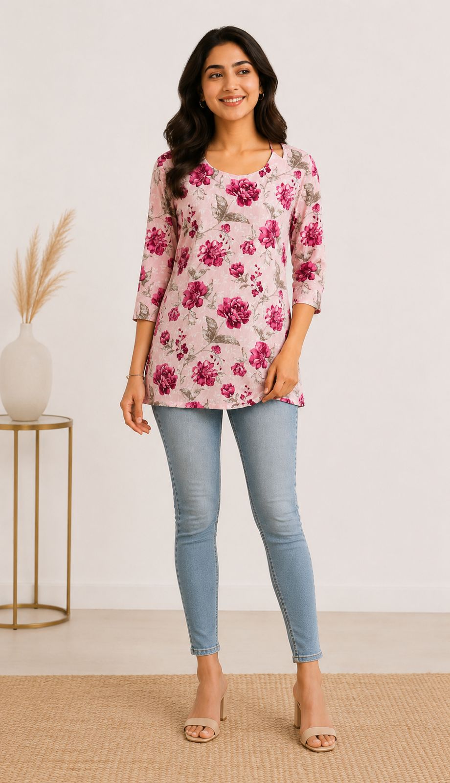 Pink Floral Rayon Halter-Neck Short Kurti