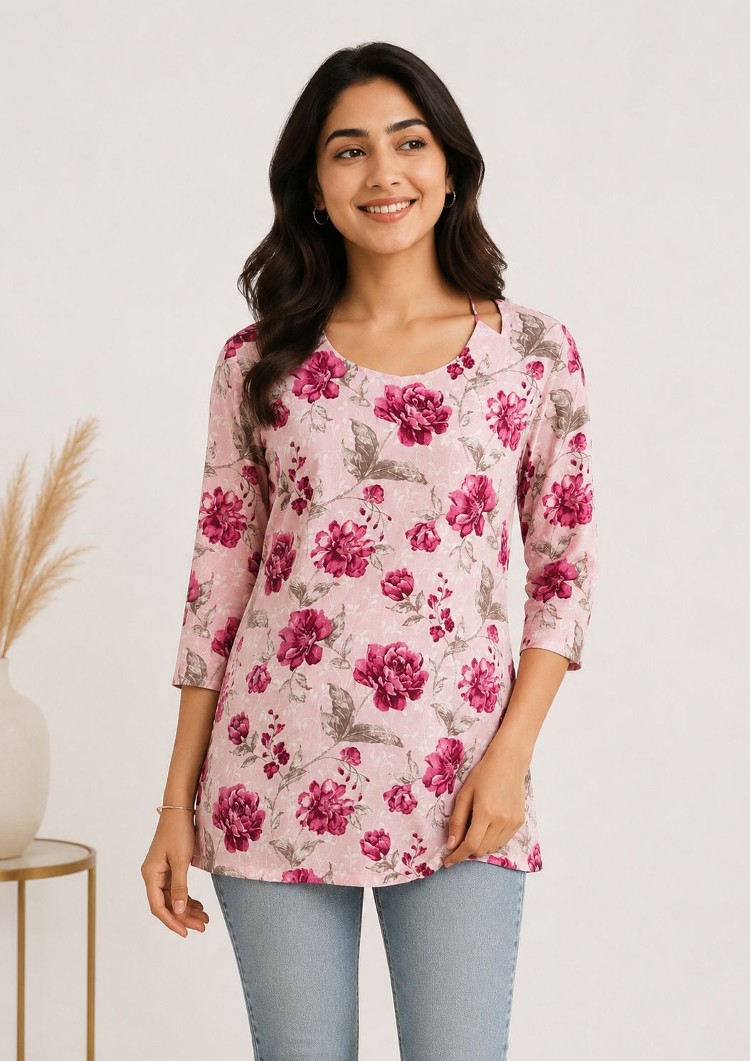 Pink Floral Rayon Halter-Neck Short Kurti - Image 6