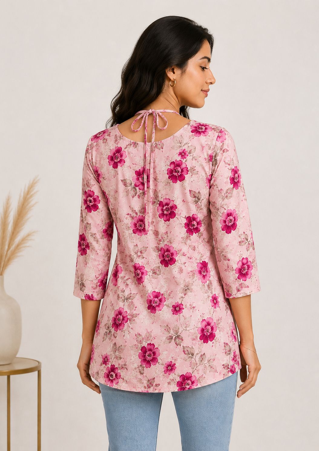 Pink Floral Rayon Halter-Neck Short Kurti - Image 5