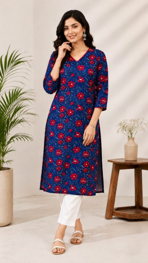 Deep Blue Blossom Cotton Kurti