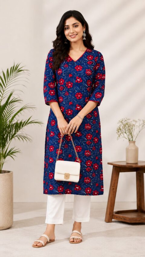 Deep Blue Blossom Cotton Kurti