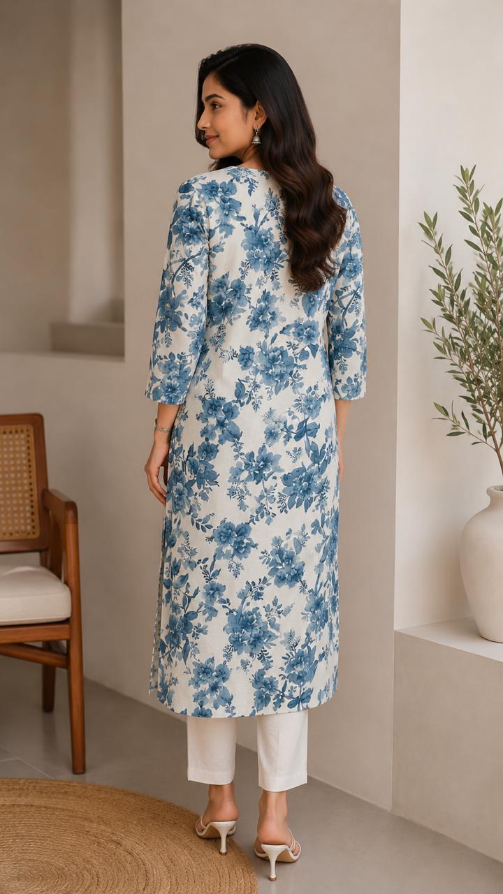 Premium Rayon Multi-tonal Blue Floral Print Kurti