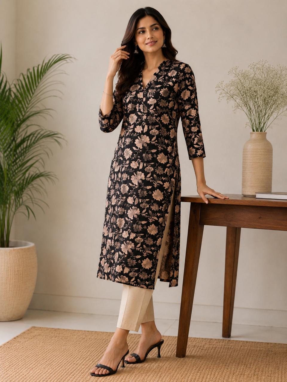 Elegant Floral Print Cotton Kurti with Band Collar