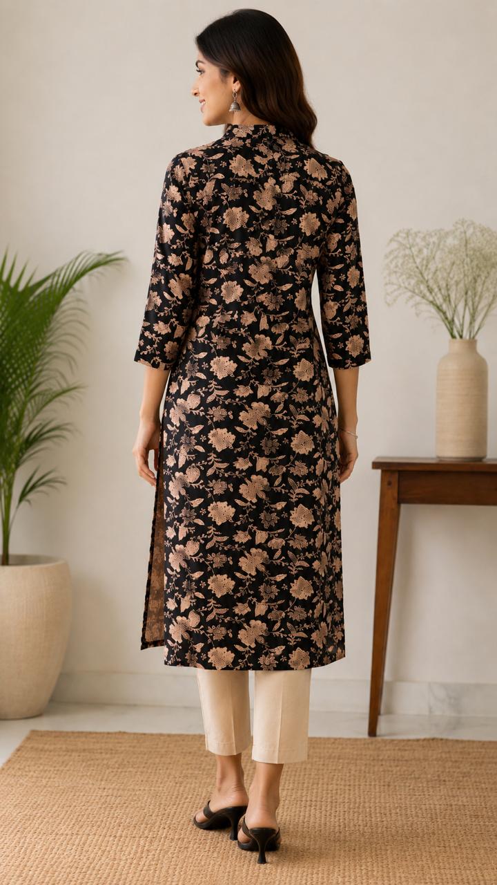 Elegant Floral Print Cotton Kurti with Band Collar - Image 3