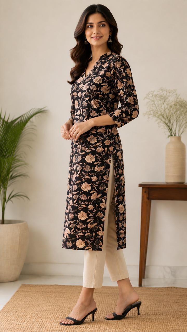 Elegant Floral Print Cotton Kurti with Band Collar - Image 5