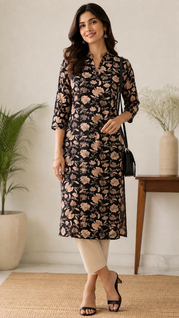 Elegant Floral Print Cotton Kurti with Band Collar